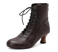 Qynthra Stivaletti Stile Vittoriano Donna Tronchetti Bassi con Tacco Largo Punta Tonda Stringati Davanti in Ecopelle per Cocktail E Ricevimento di Nozze,Marrone,47 EU