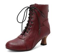 Qynthra Stivaletti Stile Vittoriano Donna Tronchetti Bassi con Tacco Largo Punta Tonda Stringati Davanti in Ecopelle per Cocktail E Ricevimento di Nozze,Burgundy,40 EU