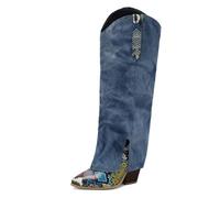 Qynthra Stivali al Ginocchio Denim Western retrò Donna Punta a Punta Tacco Alto Stiletto con Applicazioni Patchwork Stivali Lunghi per Festa e Serata Fuori,Verde,48 EU
