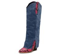 Qynthra Stivali al Ginocchio Denim Western retrò Donna Punta a Punta Tacco Alto Stiletto con Applicazioni Patchwork Stivali Lunghi per Festa e Serata Fuori,Rose Red,44 EU