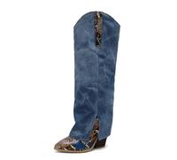 Qynthra Stivali al Ginocchio Denim Western retrò Donna Punta a Punta Tacco Alto Stiletto con Applicazioni Patchwork Stivali Lunghi per Festa e Serata Fuori,Blu,48 EU