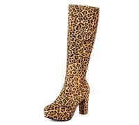 Qynthra Stivali al Ginocchio Donna Stampa Leopardo Tacco Largo Piattaforma Zip Laterale Stivali Lunghi per Autunno Inverno Serata & Streetwear Camoscio,Leopard Print,46 EU