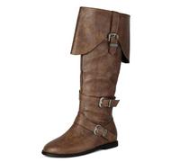 Qynthra Stivali da Equitazione Donna Alti in Pelle Sintetica Stile Western Fibbia Decorativa Tacco Piatto Moda Strada Comoda,Marrone,37 EU