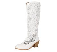 Qynthra Stivali da Sposa in Pizzo Mesh al Ginocchio Donna con Tacco A Blocco Punta Tonda Eleganti Stivali da Sposa Scarpe Nuziali per Cerimonia E Ricevimento Traspiranti,Bianca,40 EU