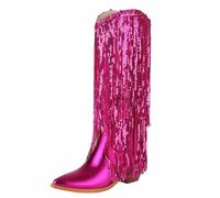 Qynthra Stivali Metallizzati con Frange Paillettes al Ginocchio Stile Western Punta A Punta per Notte Club Festa Festival Danza Performance Moda Outfit,Hot Pink,38 EU