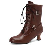 Qynthra Stivali Vittoriani A metà Polpaccio per Donne Tacco Kitten Cinturino Caviglia Fibbia Lacci con Cerniera per Inverno E Feste Gotiche,Marrone,48 EU