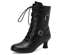 Qynthra Stivali Vittoriani A metà Polpaccio per Donne Tacco Kitten Cinturino Caviglia Fibbia Lacci con Cerniera per Inverno E Feste Gotiche,Nero,41 EU