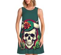QYUHBNS Abito senza maniche da donna con stampa teschio di toro e cactus, per spiaggia e uso quotidiano, disponibile nelle taglie dalla S alla 3XL, Nero , 3XL