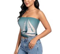QYUHBNS Camicetta senza spalline estiva con stampa paesaggio nave barca a vela, morbida camicetta senza maniche elasticizzata senza schienale, Nero , S