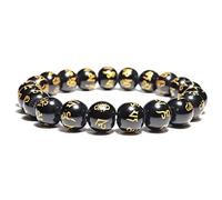 QYYZTHX Bracciali Braccialetti da Uomo Donna 6/8/10/12mm Pietra Naturale Ossidiana Uomo Bracciale Uomo Femmina sanscrito Buddha in pernello Meditazione braclotto