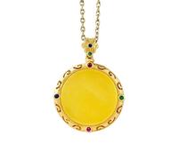 QYYZTHX Calcedonio Giallo Rotondo intarsiato Schello Squisito in pianta cavata Collana Pendente in Stile Palazzo Antico Gioiello Artigianale in Oro
