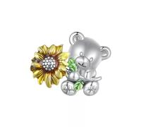 QYYZTHX Cute Teddy Bear Holding Sunflower Charm Bead Genuine 925 Sterling Silver Compatible with Bracelet