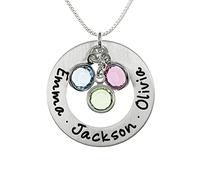 QYYZTQY Ciondolo Personalizzato con rondella Rotonda in Argento Sterling della Collezione AJ - Inciso con Un Massimo di Tre Nomi e Pietre preziose selezionate, Include Una Catena a Maglie in Argento