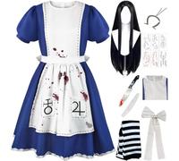 QYZ Alicemadness Returns Costume da cameriera Blu con Parrucca Collana Accessori Costume da festa di Carnevale di Halloween (blu+parrucca, S)