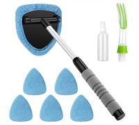 Qzakce Kit Pulizia Auto, Strumento per Pulizia Parabrezza con Manico Estendibile Pulitore per Parabrezza con 6 Pads Microfibra, Flacone Spray e Pennello per Pulizia Vetri Auto Interni Azzurro
