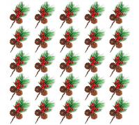 Qzakce Piccoli di Pino Artificiali 25 Pezzi Rami di Pino Artificiali Naturali con Bacche Rosse e Pigne per Artigianato Fai-da-te, Composizioni Floreali, Ghirlande, Decorazioni per l'albero di Natale