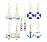 QzxEqz 5 paia di orecchini a tema nautico a forma di barca a vela da donna orecchini da marinaio unici blu navy nautico ruota di nave ancora perno goccia per le donne, 自配送, Acrilico, Nessuna pietra