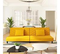 QZZCED Divano letto 2 posti con due cuscini in velluto giallo, struttura in legno massello e rivestimento morbido, per soggiorno, appartamenti e uffici, design multifunzionale