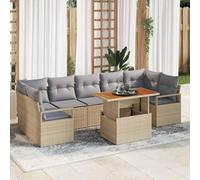 QZZCED Set da giardino in polyrattan con tavolo e stoccaggio, set modulare di divano esterno per terrazza con struttura in acciaio e legno di acacia, resistente ai raggi UV e ai piedi