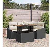 QZZCED Set da pranzo da giardino in polyrattan e legno di acacia con 2 divani a bracci e seduta modulare, resistente alle intemperie e ai raggi UV, per terrazza, design modulare