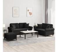 QZZCED Set di 3 divani in velluto nero con cuscini decorativi e struttura robusta, design compatto per soggiorno, seduta imbottita e poggiapiedi versatile per il massimo