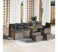 QZZCED Set di divani da giardino rettangolare in polyrattan con telai in acciaio e dettagli in legno di acacia, include 4 divani con stoccaggio, 3 posti, 2 sgabelli e tavolo