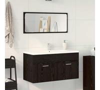 QZZCED Set di mobili da bagno 2 pezzi in rovere nero 90 x 38,5 x 46 cm con specchio, mobile da parete minimalista e funzionale per piccoli spazi, portaoggetti pratico