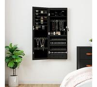 QZZCED Specchio con portagioie e luci a LED da parete, nero, 2 cassetti, ganci e ripiani per organizzare gioielli e profumi, specchio per il corpo intero con serratura e 2 chiavi, illuminazione