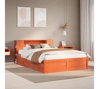 QZZCED Struttura per letto in legno massello marrone 135 x 190 cm con testiera e 7 ripiani, base per letto resistente con doghe in legno per risparmiare spazio e stoccaggio