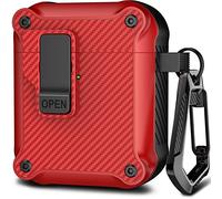 R-fun Compatibile con AirPods 2a / 1a Generazione Copertura Della Cassa di Ricarica, Coperchio Pop-Up Auto Protezione Completa Compatibile con Airpods Custodia con Kit Cleaner e Portachiavi,Rosso