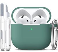 R-fun Custodia compatibile con Airpods 4th con kit di pulizia, custodia morbida in silicone con portachiavi, copertura protettiva completa compatibile con gli ultimi Airpods 4th di Apple,Verde pino