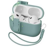 R-fun Custodia per Airpods Pro 2, in silicone liquido, con meccanismo automatico pop-up, resistente agli urti, morbida, con cinturino e kit di pulizia, illuminazione LED frontale, A-verde pino