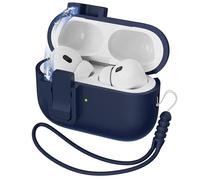 R-fun Custodia per Airpods Pro 2, in silicone liquido, con meccanismo automatico pop-up, resistente agli urti, morbida, con cinturino e kit di pulizia, illuminazione LED frontale, A-blu notte