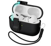 R-fun Custodia per Airpods Pro 2, in silicone liquido, con meccanismo automatico pop-up, resistente agli urti, morbida, con cinturino e kit di pulizia, illuminazione LED frontale, A-nero