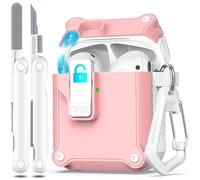R-fun per AirPods 2a generazione 2019 Custodia, 1a gen 2016, protezione completa contro le cadute, coperchio a scomparsa automatico per custodia Apple Airpods con kit di puliz,Bianco/Rosa