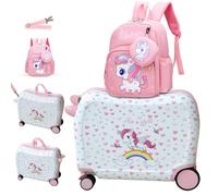 R.Leone Valigia Cavalcabile per Bambina EasyJet 45x36x20 cm + 30x23x14 cm Set 2 Pezzi Trolley Bagaglio a mano 4 Ruote e Zaino 3252 (Unicorno, Valigia 45x36x20cm+Zaino con corno)