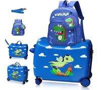 R.Leone Valigia Cavalcabile per Bambini Ryanair 55x40x20 cm + 30x23x14 cm Set 2 Pezzi Trolley Bagaglio a mano 4 Ruote e Zaino 311 (Dinosauro, Valigia 55x40x20cm+Zaino)