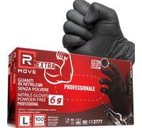 R MOVE 100 guanti monouso in nitrile neri taglia L, EXTRA RESISTENTI +60% di spessore in più al dito rispetto al 3,5 gr, no polvere, no lattice per meccanici, tatuatori, ristorazione, 6 grammi (L)