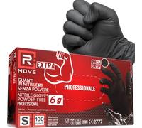 R MOVE 100 guanti monouso in nitrile neri taglia S, EXTRA RESISTENTI +60% di spessore in più al dito rispetto al 3,5 gr, no polvere, no lattice per meccanici, tatuatori, ristorazione, 6 grammi (S)