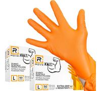 R MOVE 50+50 Guanti in nitrile Diamond 8,5 gr. +140% di SPESSORE rispetto al 3,5 gr Guanti antiscivolo, Grip su tutto il palmo per una perfetta presa, Guanti da lavoro antiscivolo (L (9), Arancione)