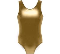 R&N FASHIONS Body per bambine e bambine, per scuola, sport, danza, ginnastica, balletto, senza maniche, effetto metallizzato, effetto bagnato, luccicante, per feste, discoteca o danza, Oro, 5-6 Years
