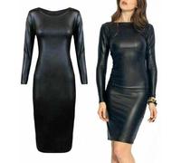 R&N FASHIONS Mini abito da donna a maniche lunghe in pelle sintetica aderente da donna effetto bagnato, perfetto per ogni occasione, semplice ed elegante abito nero, Nero , S-M