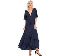 R.Vivimos Abito Boho Estivo Donna Abito Sexy Scollo a V Bottoni Manica Corta Vestito Elegante con Volant Orlo Abito Lungo Maxi da Spiaggia Casual per Le Vacanze(M,Navyblue)