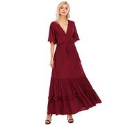R.Vivimos Abito Boho Estivo Donna Abito Sexy Scollo a V Bottoni Manica Corta Vestito Elegante con Volant Orlo Abito Lungo Maxi da Spiaggia Casual per Le Vacanze(XL,Vino Rosso)