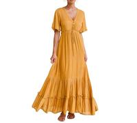 R.Vivimos Abito Boho Estivo Donna Abito Sexy Scollo a V Bottoni Manica Corta Vestito Elegante con Volant Orlo Abito Lungo Maxi da Spiaggia Casual per Le Vacanze(M,Zenzero)