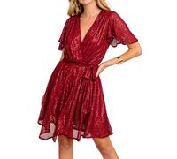 R.Vivimos Abito Donna V Collo Una Linea Paillette Mini | Manica Corta Flutter,Vita Impero,Slim Fit,Sparkly,Swing,Con la cintura,Casual,Festa,Cocktail,Sera,Natale,Abiti Corti