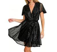 R.Vivimos Abito Donna V Collo Una Linea Paillette Mini | Manica Corta Flutter,Vita Impero,Slim Fit,Sparkly,Swing,Con la cintura,Casual,Festa,Cocktail,Sera,Natale,Abiti Corti