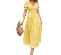 R.Vivimos Abito estivo da donna con scollo a V, maniche a sbuffo, in pizzo, patchwork, schiena scoperta, stile impero, lungo abito da, Giallo, L