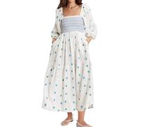 R.Vivimos Abito longuette da donna con maniche lunghe a sbuffo e scollo quadrato, stile bohémien, con ricami floreali, abito Cottagecore a vita impero con tasche, bianco, L