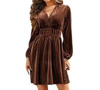 R.Vivimos Autunno Inverno Donna Velluto A Righe Mini Abito Manica Lunga Scollo A V Vita Impero A Line Skater, Marrone, L